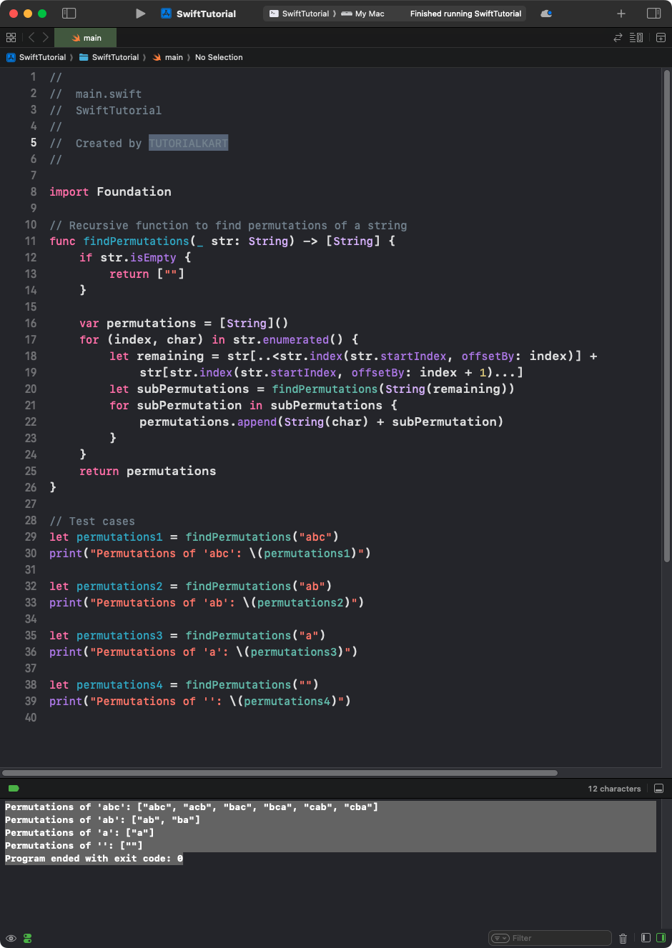 Swift Program to Find Permutations of a String using Recursion